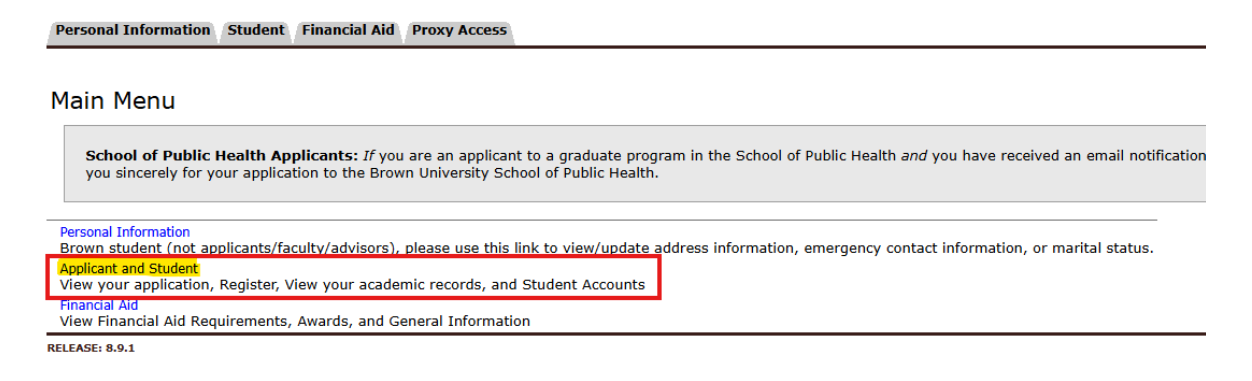 ‘Applicant and Student’ Link