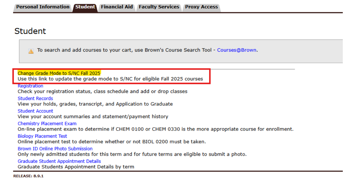 ‘Change Grade Mode to S/NC Fall 2025’ link