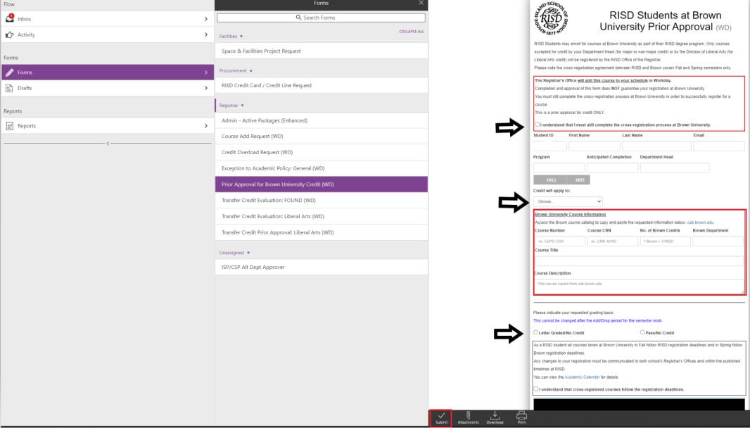 screenshot of where to click on "prior approval for brown university credit"